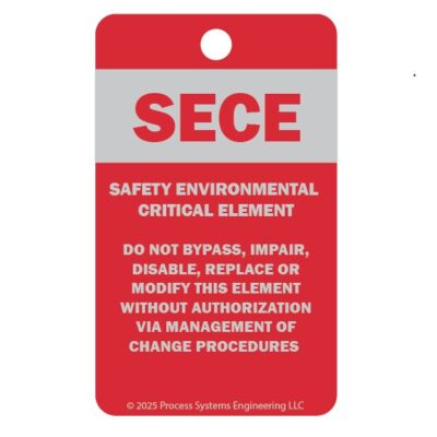 SECE-TAG in red and silver, anodized aluminum, 1.5” x 2.5”
