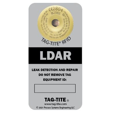 LDAR Tag in silver and black with RFID, anodized aluminum, 2” x 4”