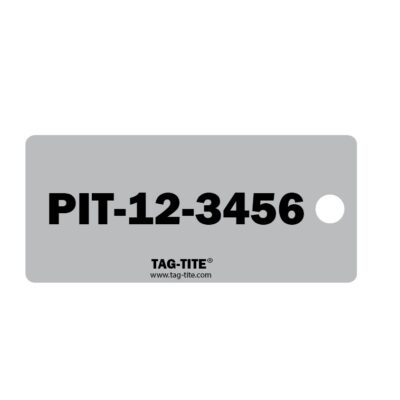 TAG-TITE equipment tags in silver and black, anodized aluminum, 1" x 2.25"